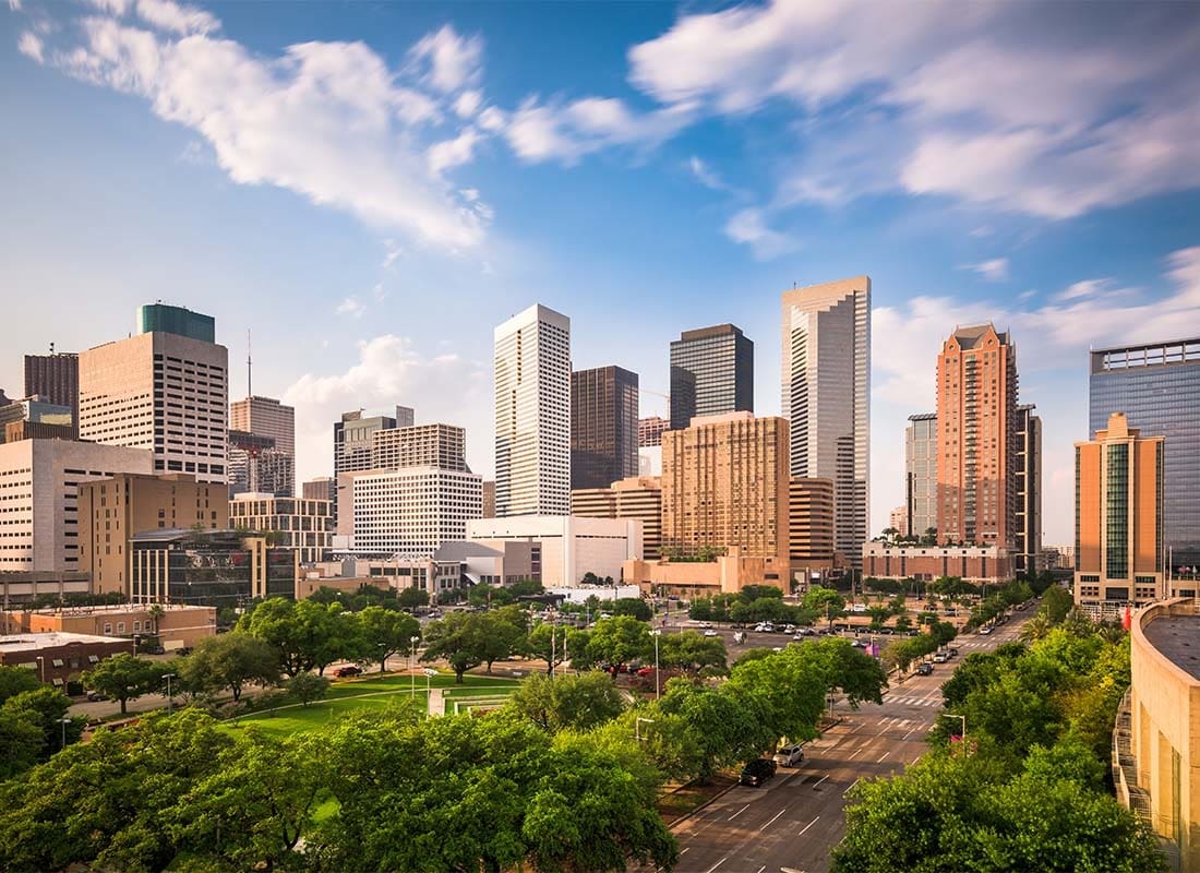 View of Modern Business Buildings in Downtown Houston Texas on a Sunny Day